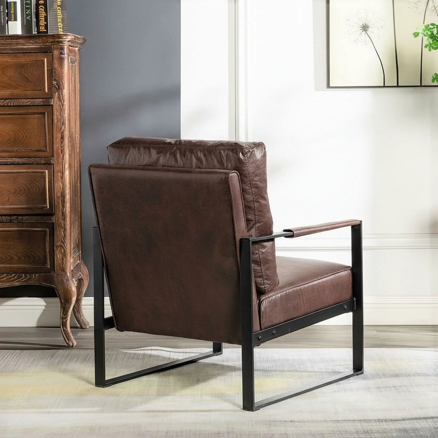 Classic Mid Century Modern Accent Chair brown leather with square metal frame by Unique Piece on Tampa Home & Garden Store