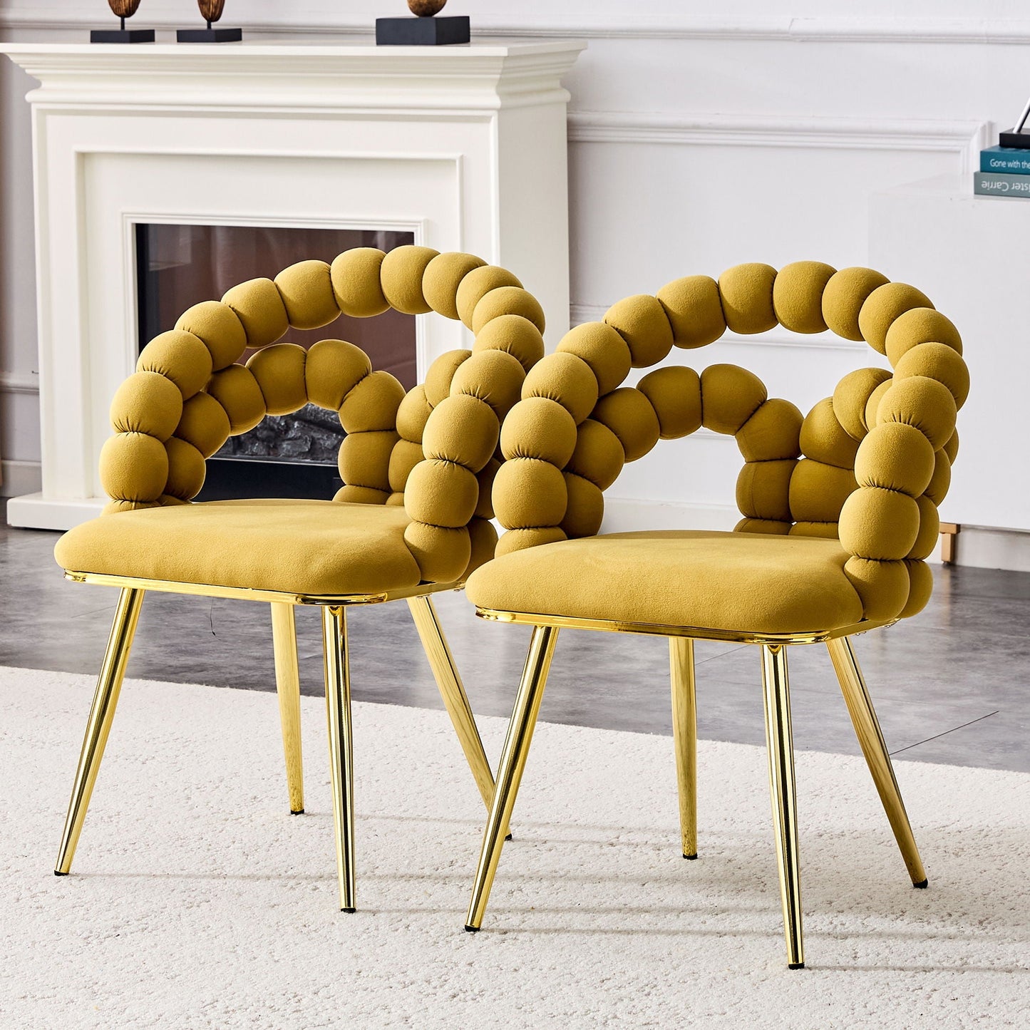 Puffy Bubble Ball Chain Chairs set of 2 by HouseOfZazla in mustard yellow with gold legs on Tampa Home & Garden Store