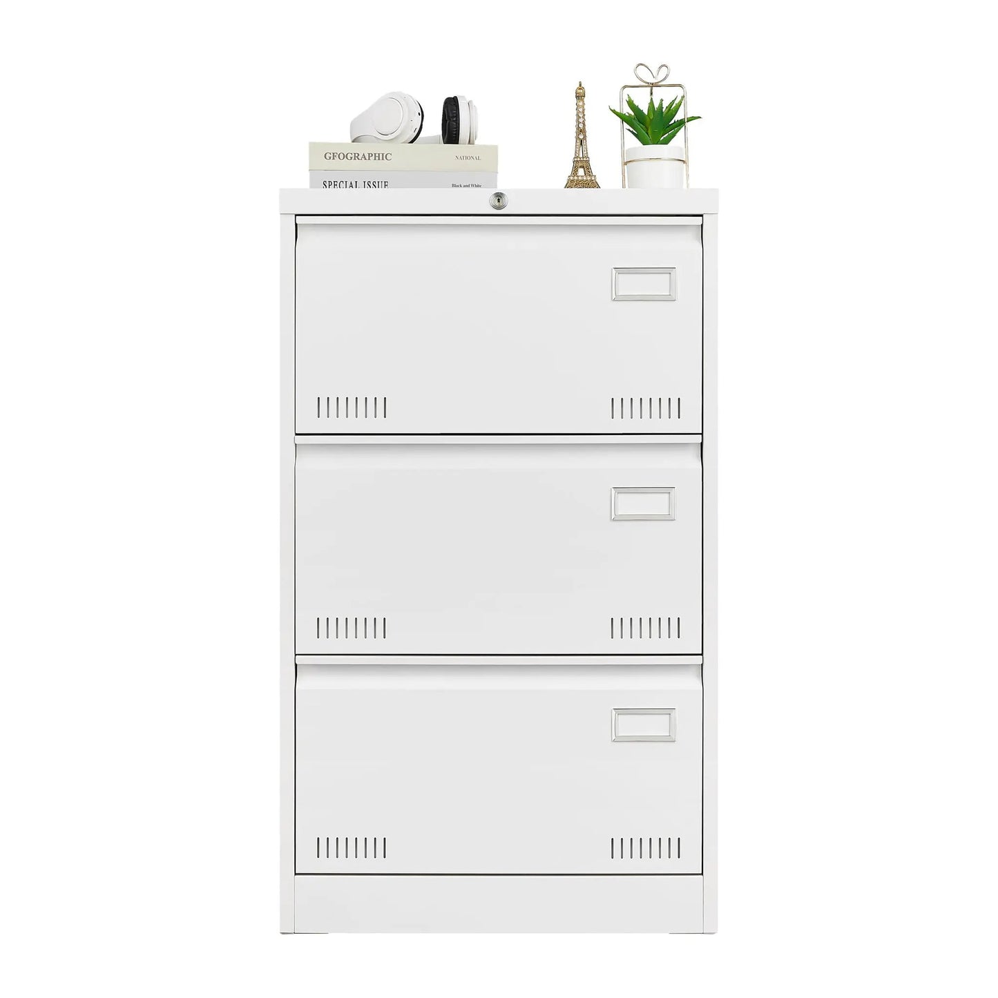 Filing cabinet lateral 3-drawer locking metal file cabinet in white with top decor items on Tampa Home & Garden Store