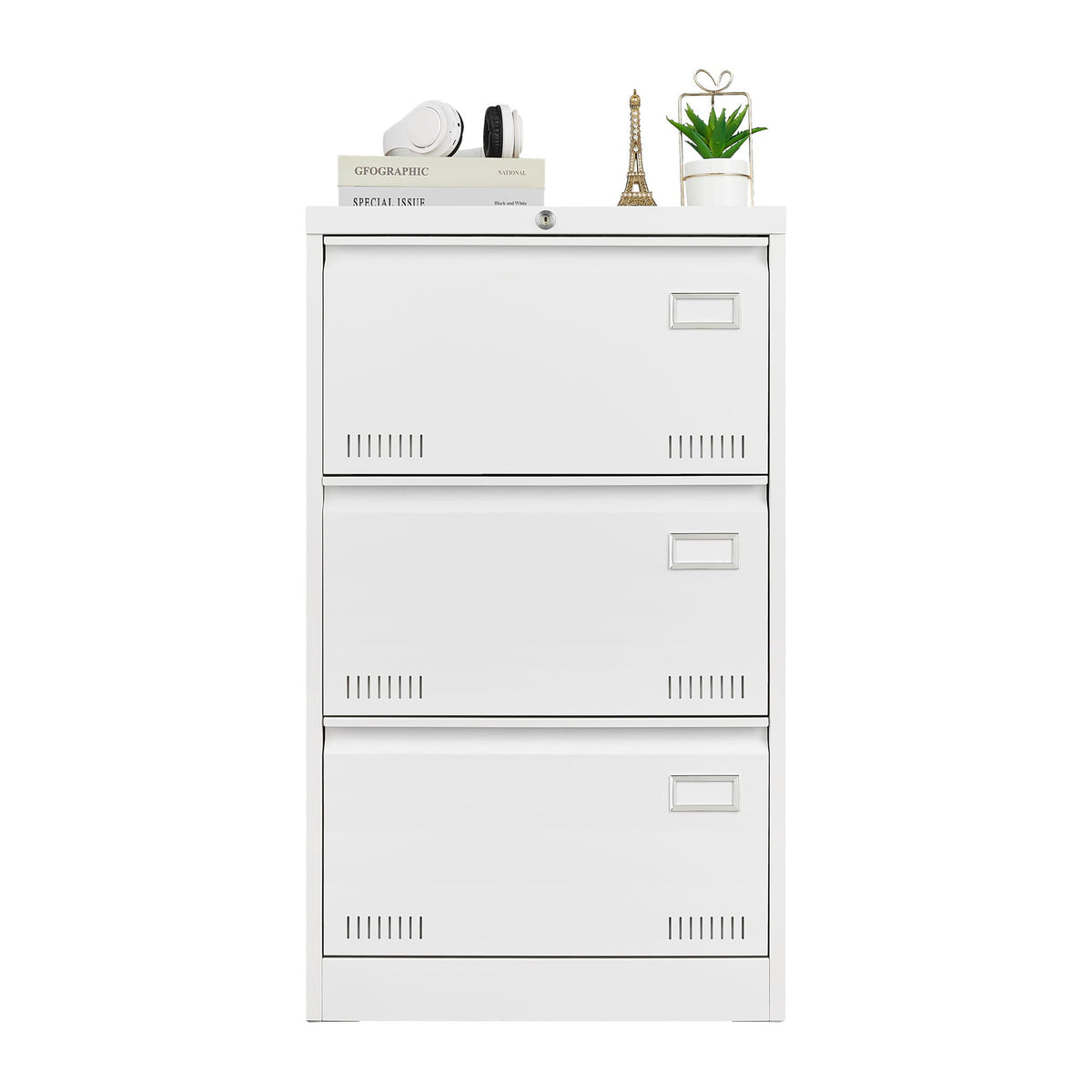 Locking metal filing cabinet 3-drawer white, with headphones, books, and plant decor on Tampa Home & Garden Store