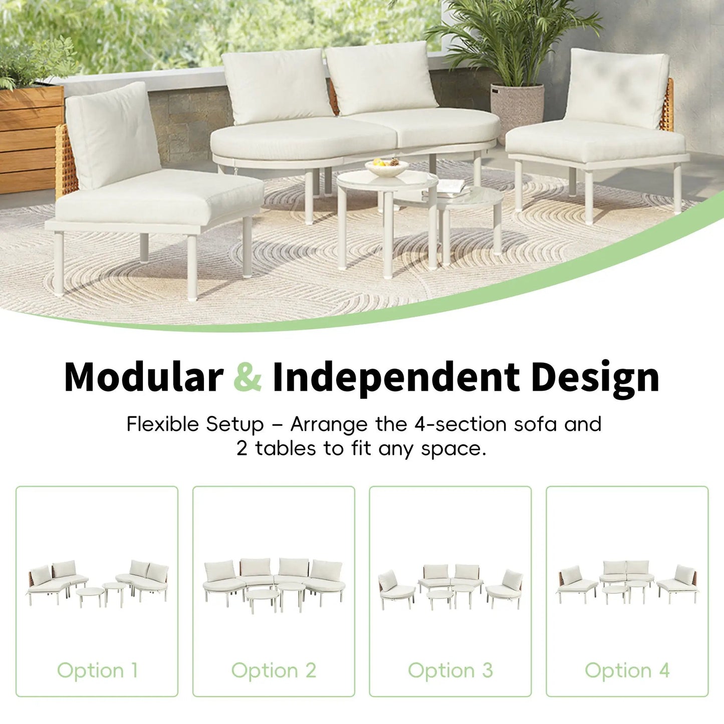 6-piece patio set with white half-moon sectional, 4 cushions, 2 high/low coffee tables on Tampa Home & Garden Store