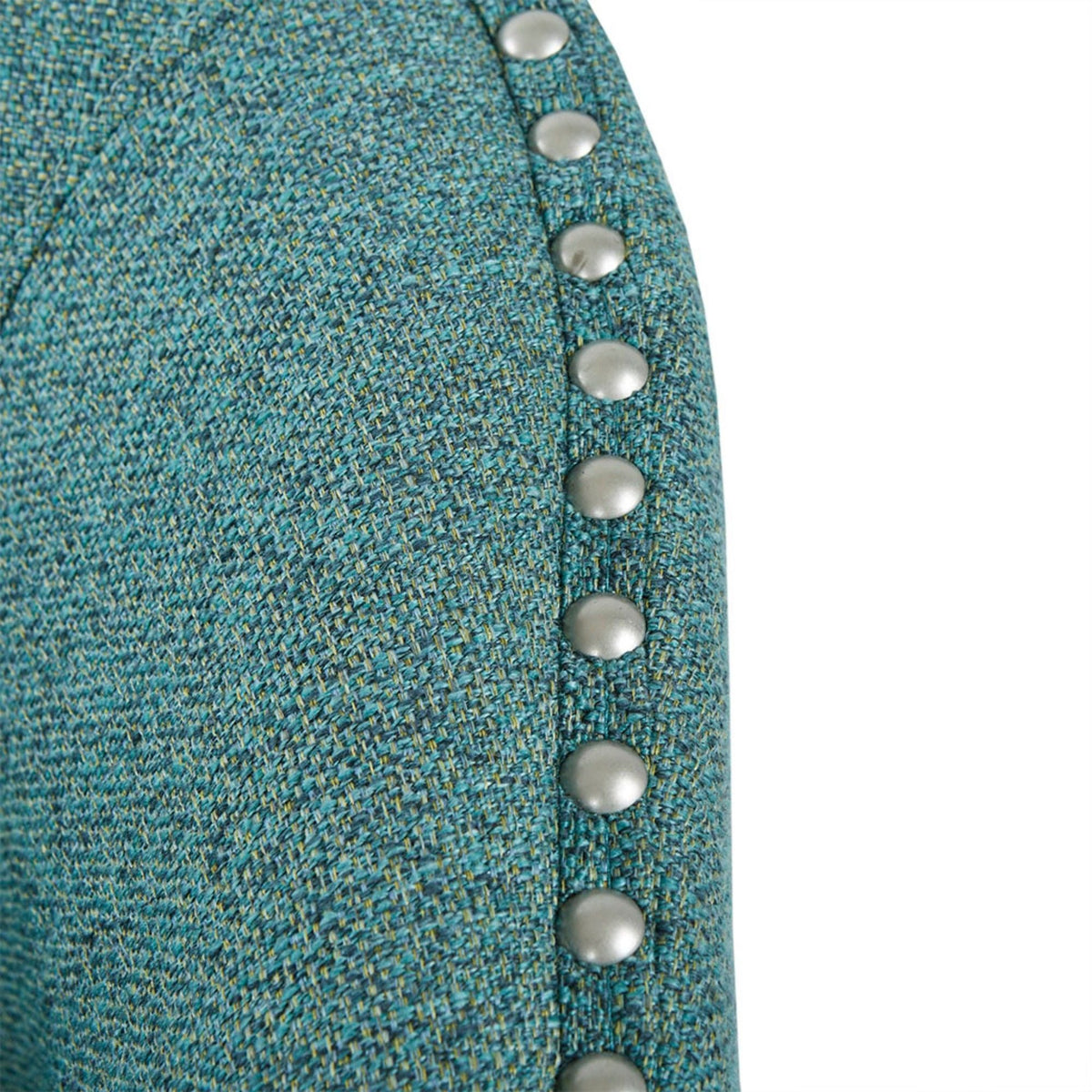 Luxurious swivel chair with pearl silver nailhead trim on teal woven upholstery on Tampa Home & Garden Store