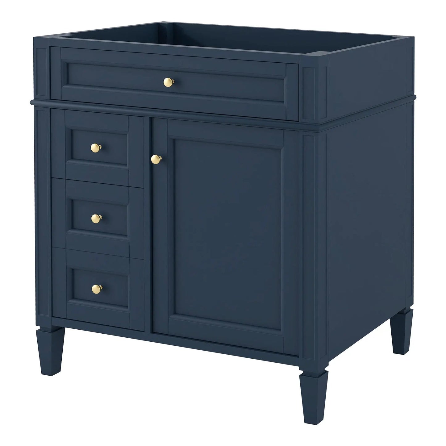 Bathroom vanity base with 2 drawers and tip-out drawer, navy finish, brass knobs on Tampa Home & Garden Store
