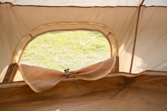 Oxford Bell Tent for Family Camping tan interior with arched zip doorway HouseOfZazla on Tampa Home & Garden Store