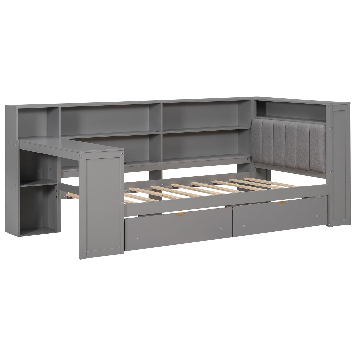 Platform bed in gray with shelves, drawers and padded headboard by HouseOfZazla on Tampa Home & Garden Store