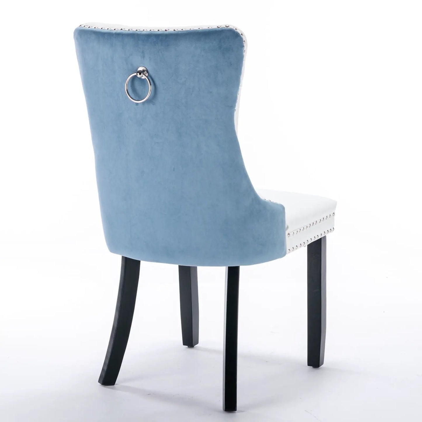 Nikki Modern Upholstered Dining Chair Set of 2 blue velvet with ring pull, nailhead trim, white seat, black legs on Tampa Home & Garden Store