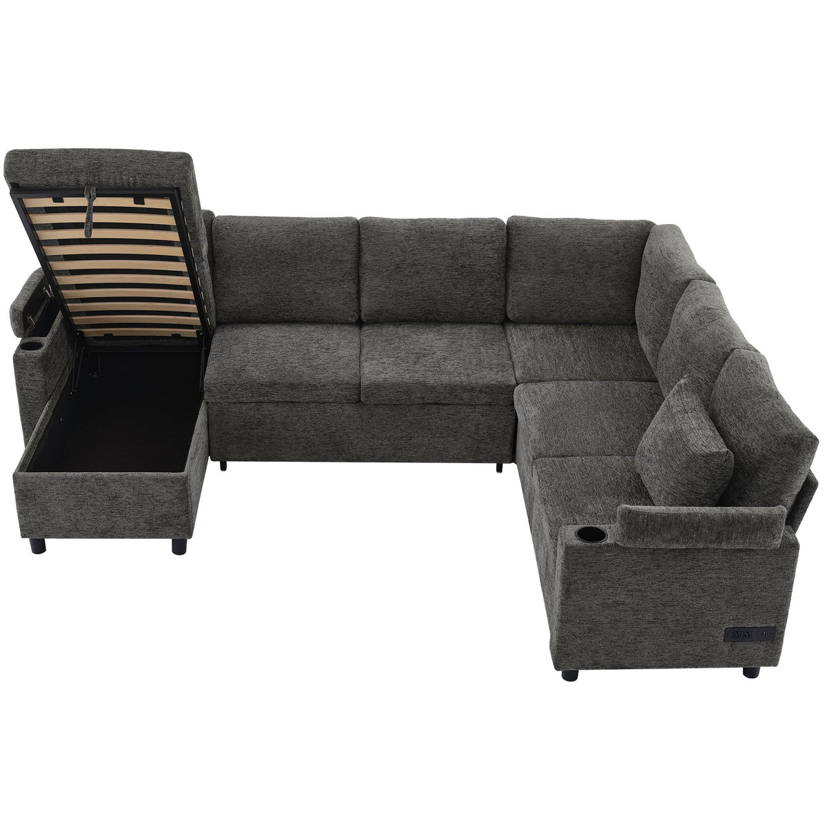 U-shaped sectional sleeper sofa in gray textured fabric with lift-top storage ottoman, 2 cup holders and charging ports on Tampa Home & Garden Store