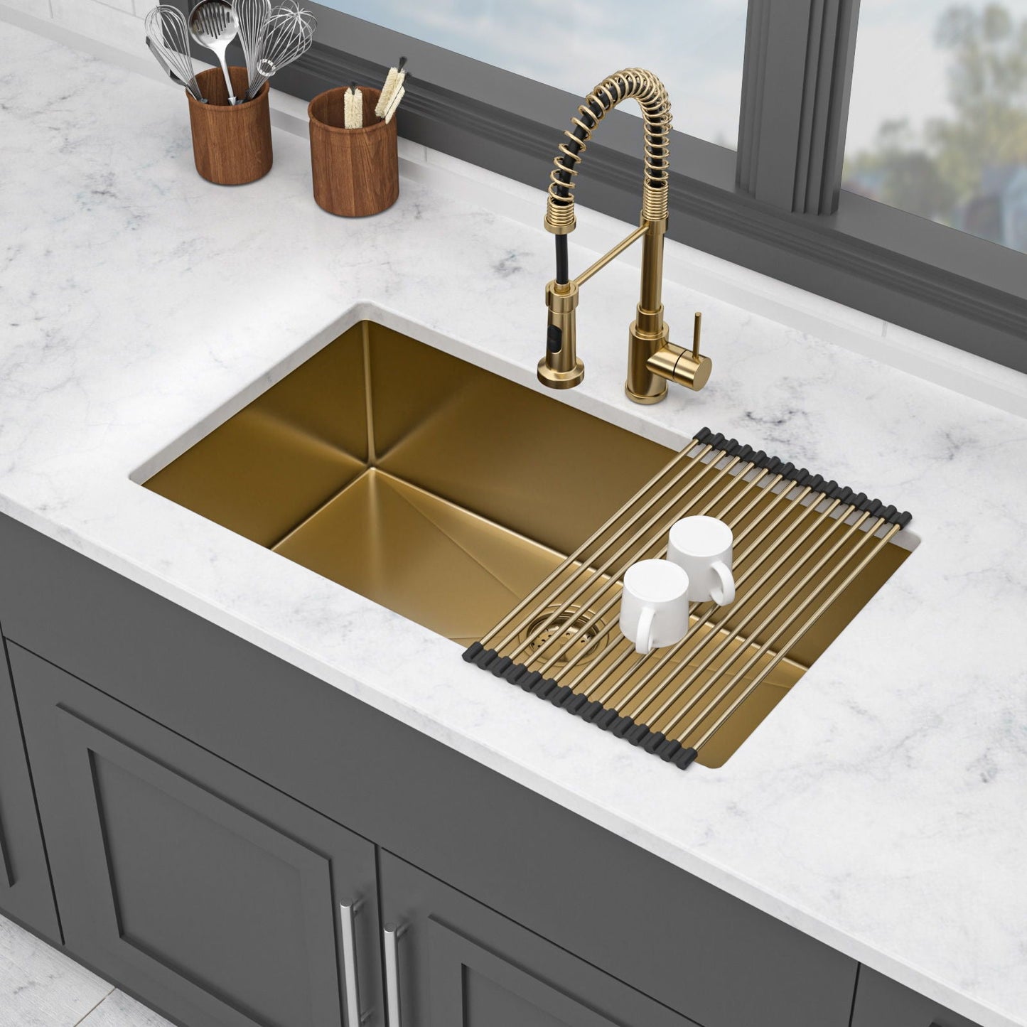 Undermount stainless steel sink 32x19 with gold interior and brass faucet on Tampa Home & Garden Store