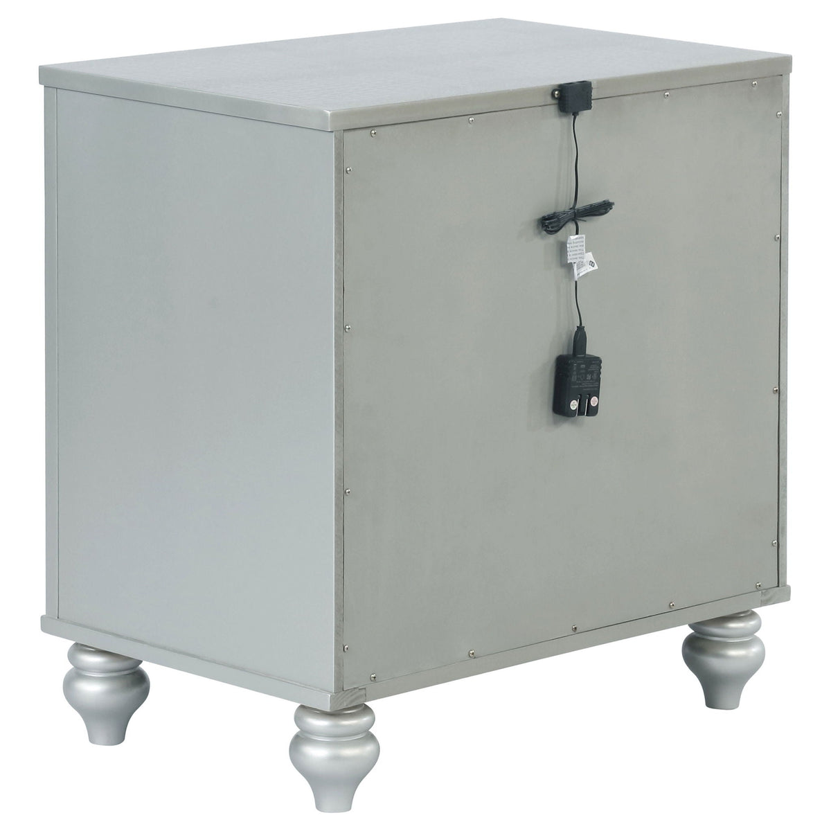 Arabesque 4 Piece Queen Bedroom Set silver metal storage chest with latch and power cord on Tampa Home & Garden Store