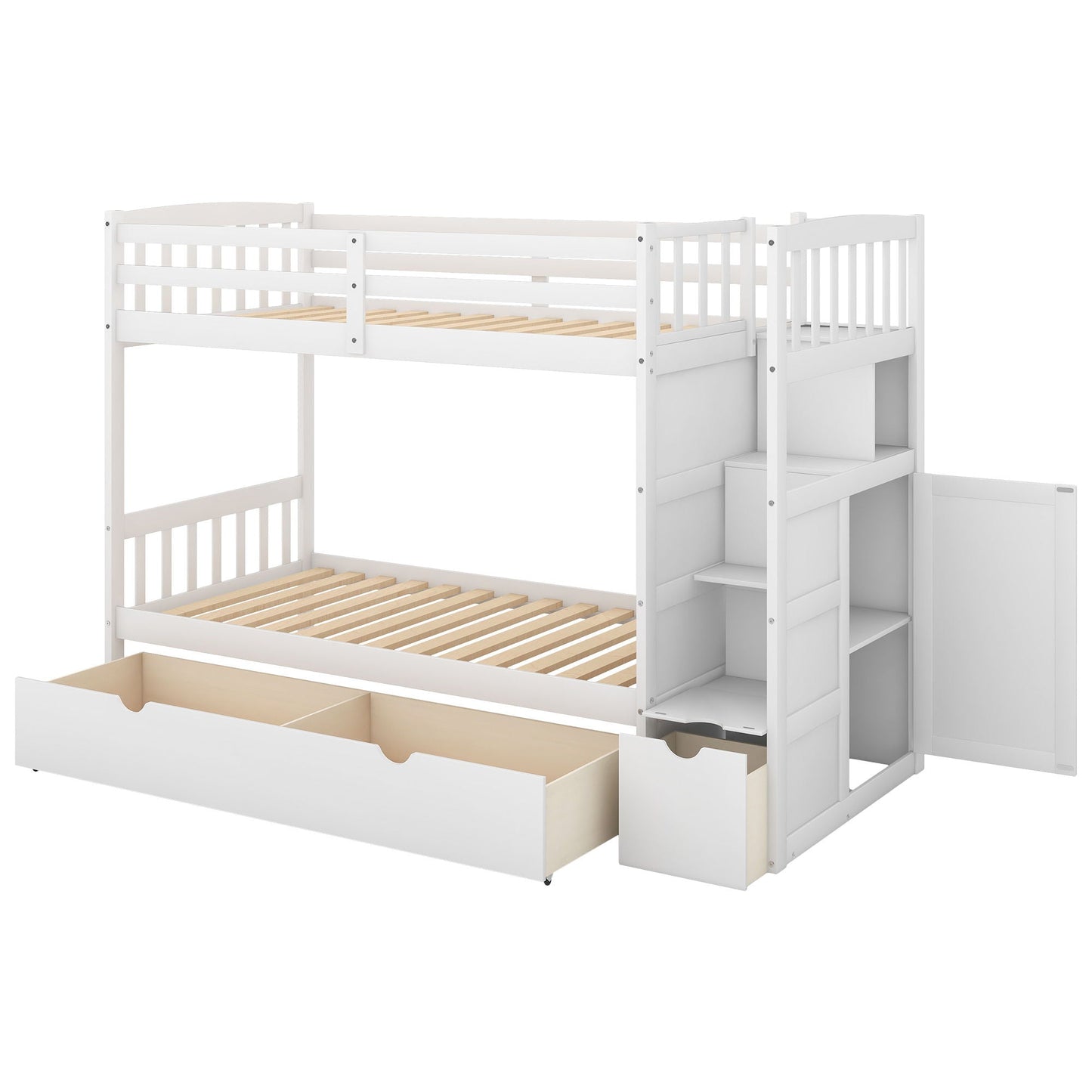 Bunk Bed with Convertible Bottom Bed, White, storage shelves and drawers by HouseOfZazla on Tampa Home & Garden Store