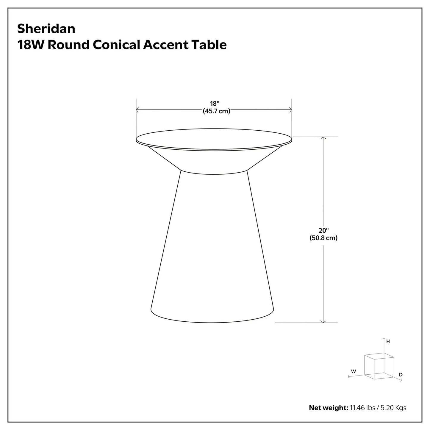 Sheridan handcrafted metal accent table blueprint with 18in round top and conical base on Tampa Home & Garden Store