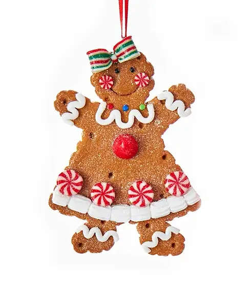 Gingerbread ornament set with peppermint bows, white icing trim, candy accents on Tampa Home & Garden Store