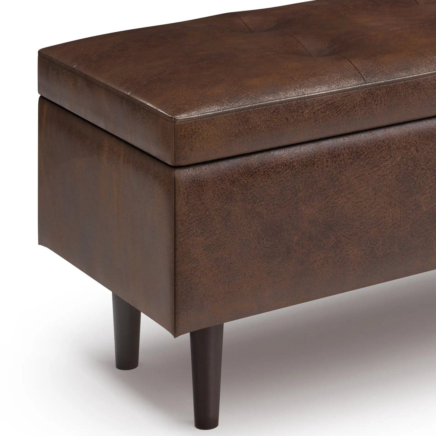 Shay large square storage ottoman in brown distressed leather with tufted lid and tapered legs on Tampa Home & Garden Store