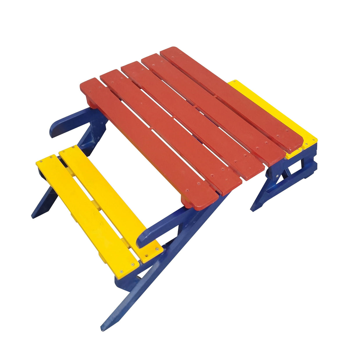 Solid wood kids 3-piece table and benches set with red slats, blue frame, yellow trim on Tampa Home & Garden Store