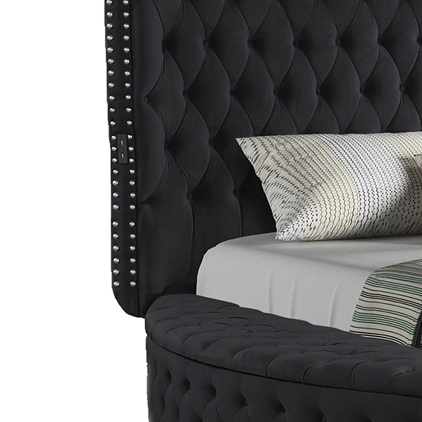 Hazel storage bed by HouseOfZazla, black tufted velvet with nailhead trim along the frame on Tampa Home & Garden Store