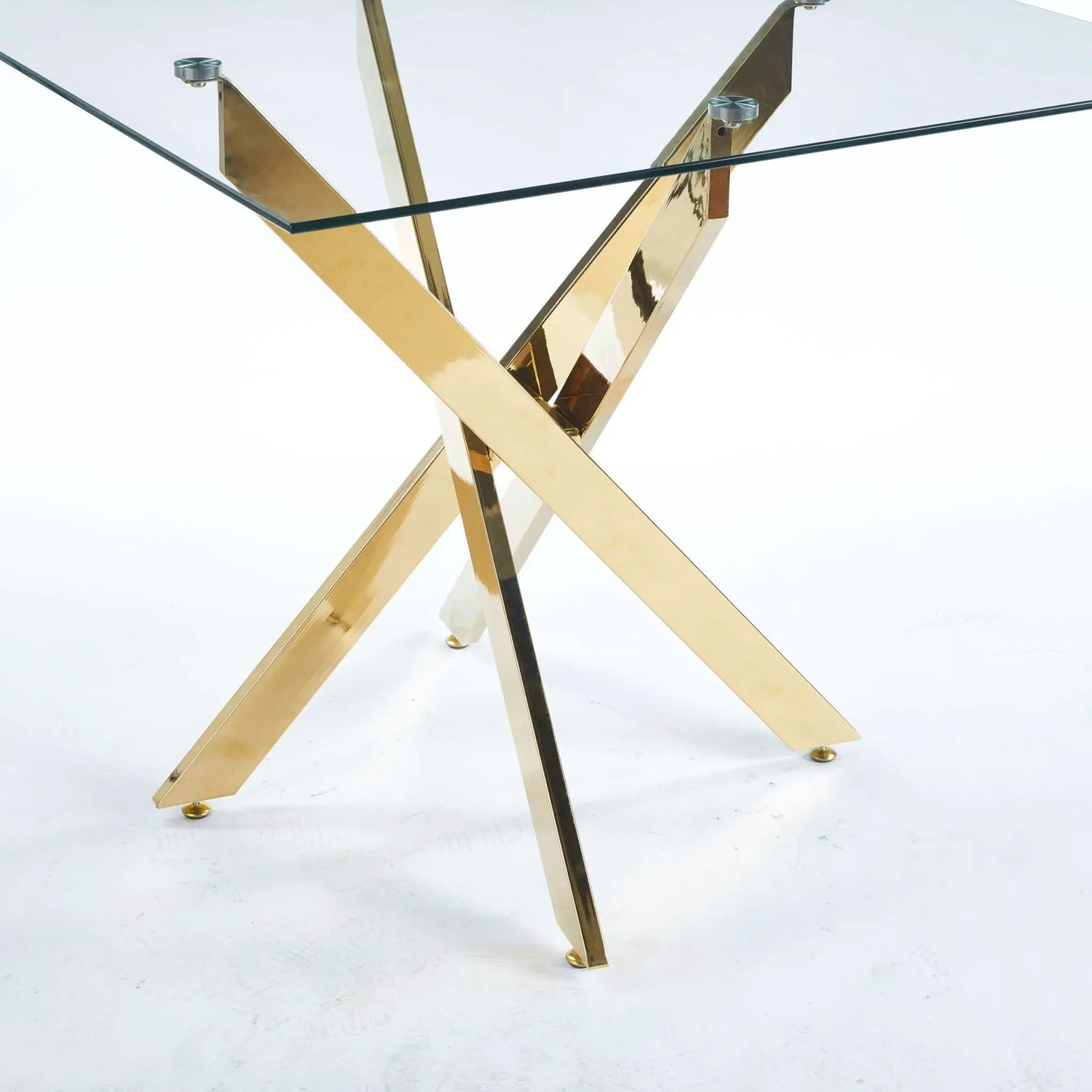 Dining table with gold cross-leg base and square tempered glass top by Unique Piece Furniture on Tampa Home & Garden Store