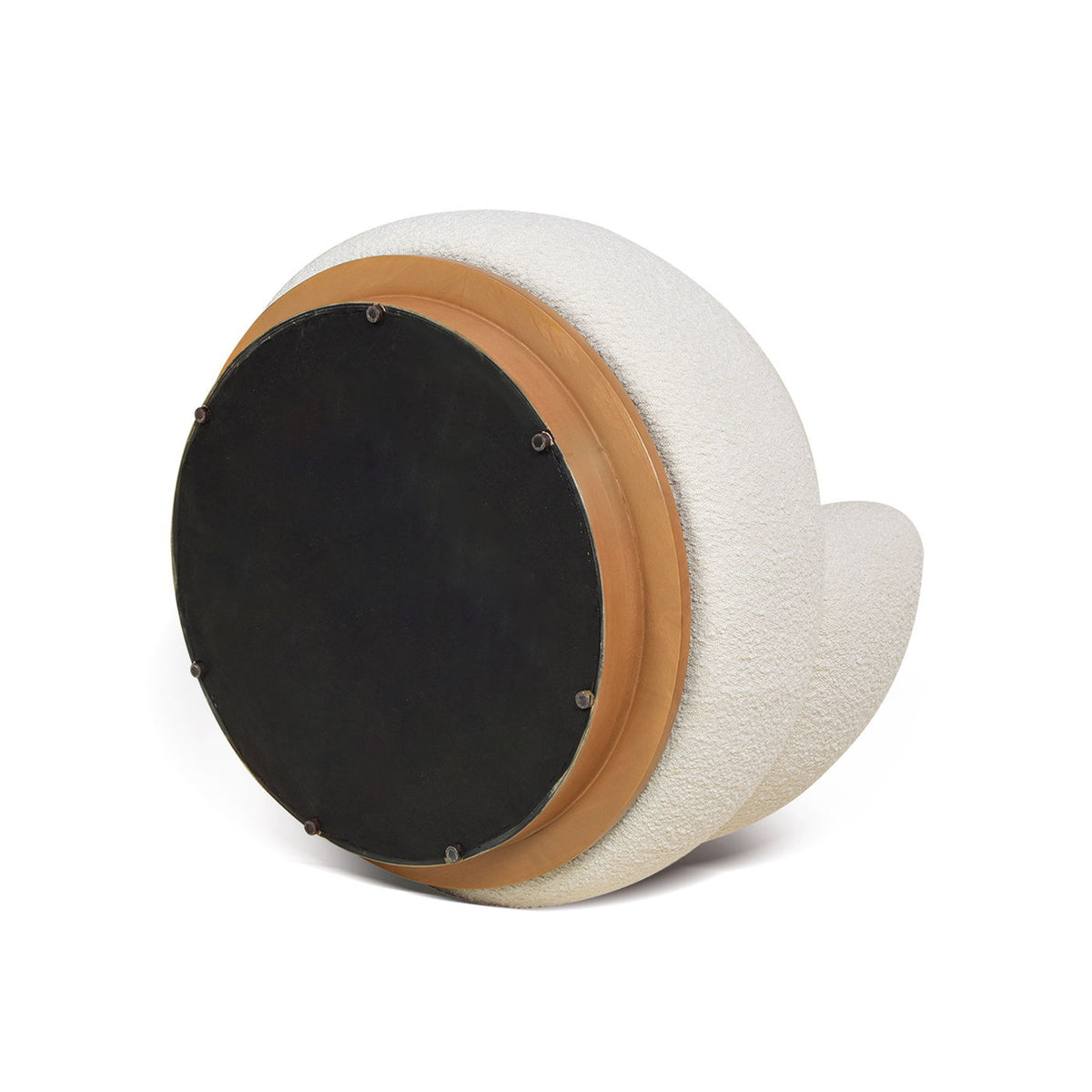 Ivory White Swivel Low Barrel Back Accent Chair underside with black round base and tan ring on Tampa Home & Garden Store