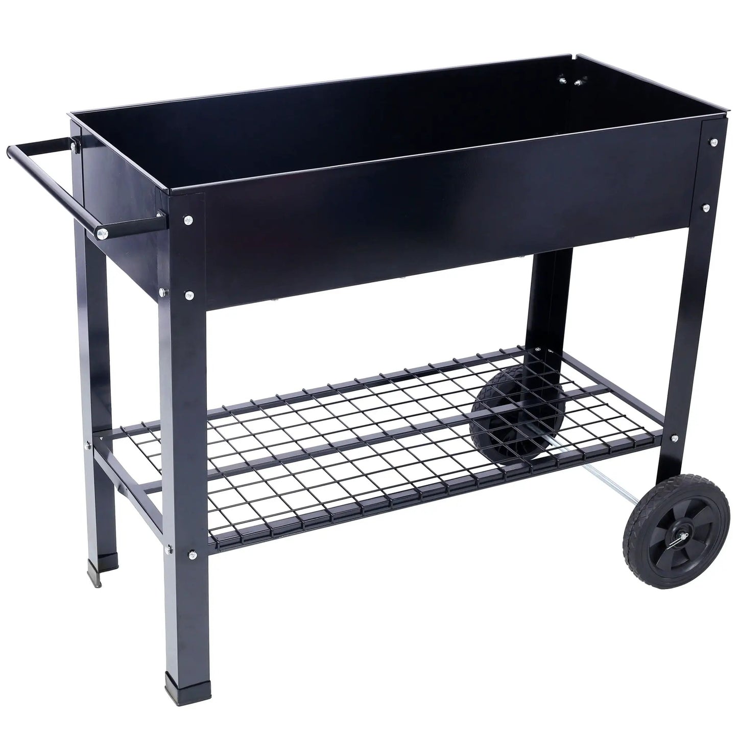Unique Piece Furniture elevated black powder-coated steel planter garden bed on wheels on Tampa Home & Garden Store