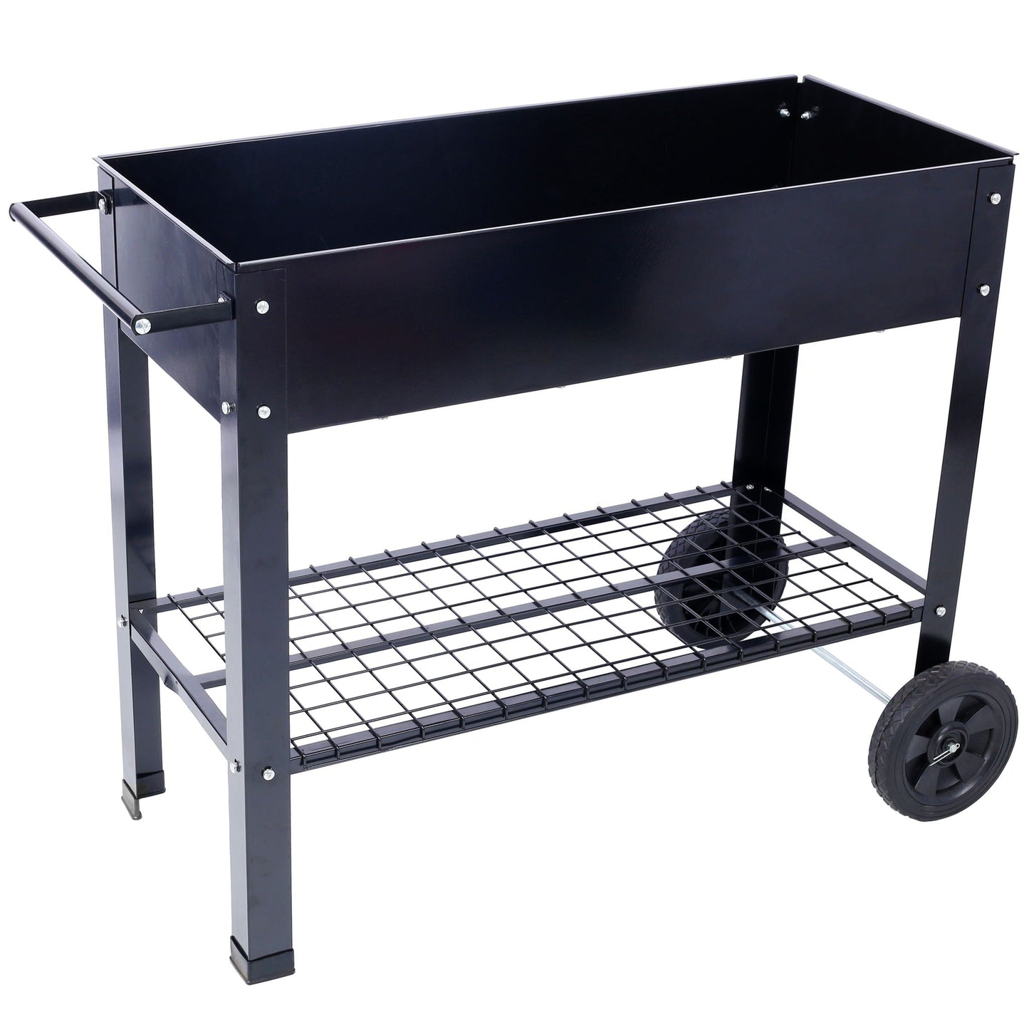 Elevated mobile planter bed by HouseOfZazla, black powder-coated steel on wheels with lower wire shelf on Tampa Home & Garden Store