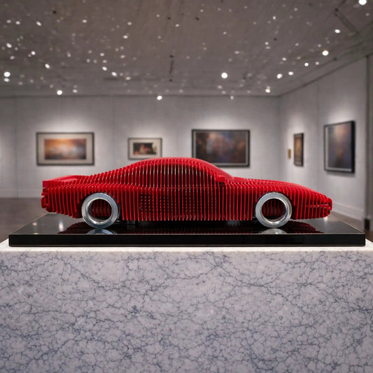 Terra Rossa metal car sculpture MT1495 by Modello Turbo, red ribbed automotive artwork on Tampa Home & Garden Store