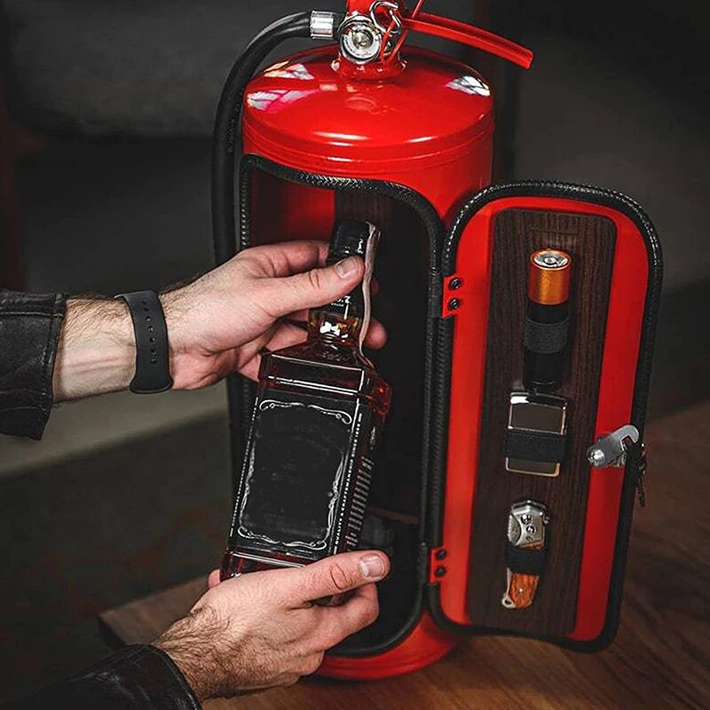 Fire Extinguisher Wine Bottle Holder red Moktan Sabai with wood panel and built-in bar tools on Tampa Home & Garden Store