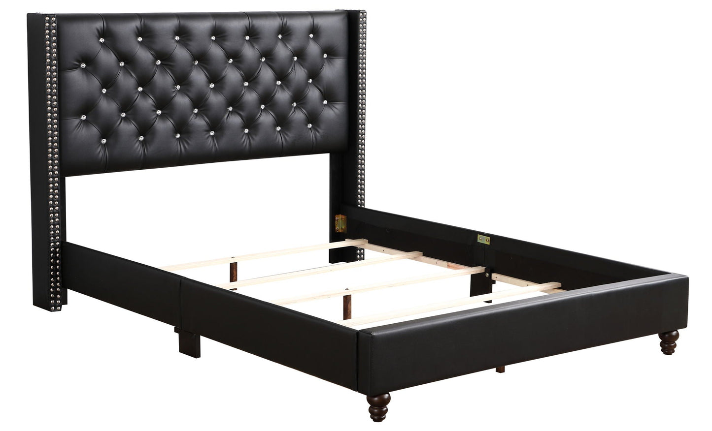 Upholstered Nailhead Trim Chic Bed by HouseOfZazla in black faux leather with crystal studs on Tampa Home & Garden Store