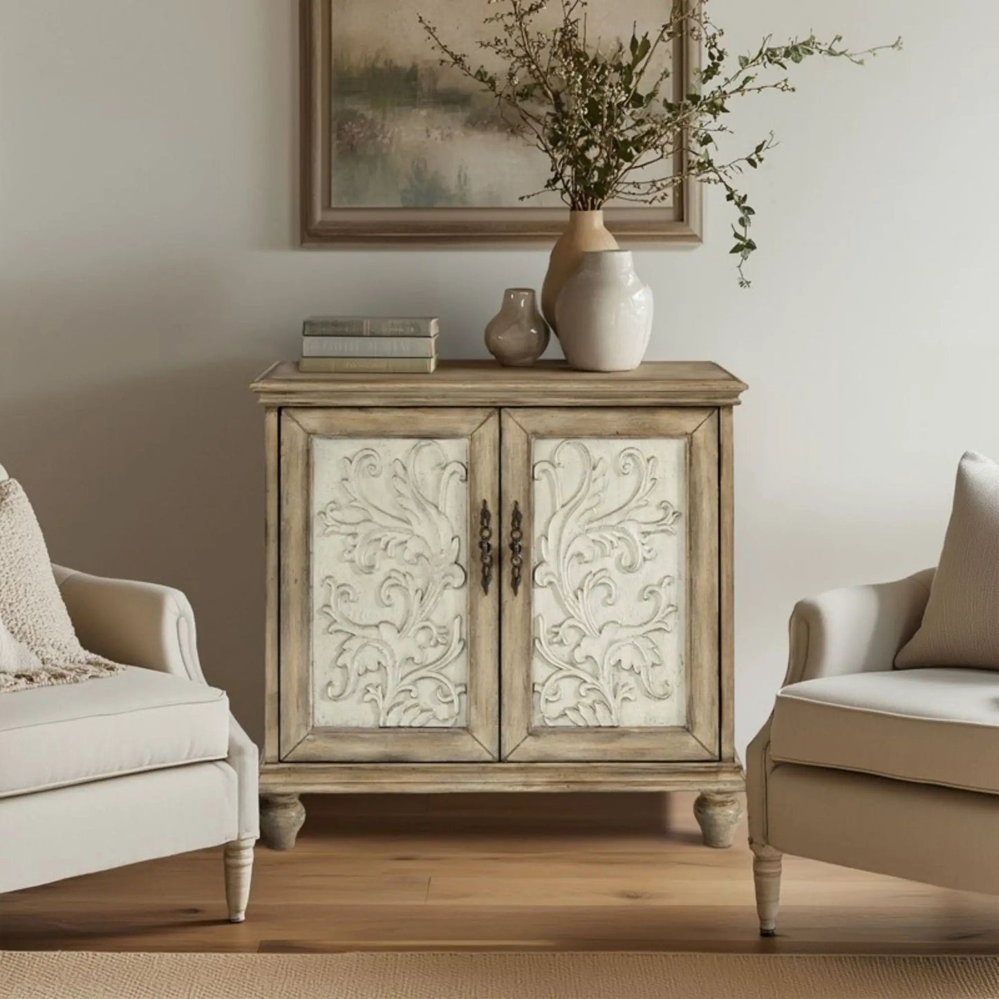 Driscoll 2-Door Cabinet with Floral Design in Reclaimed Natural carved floral panels on Tampa Home & Garden Store