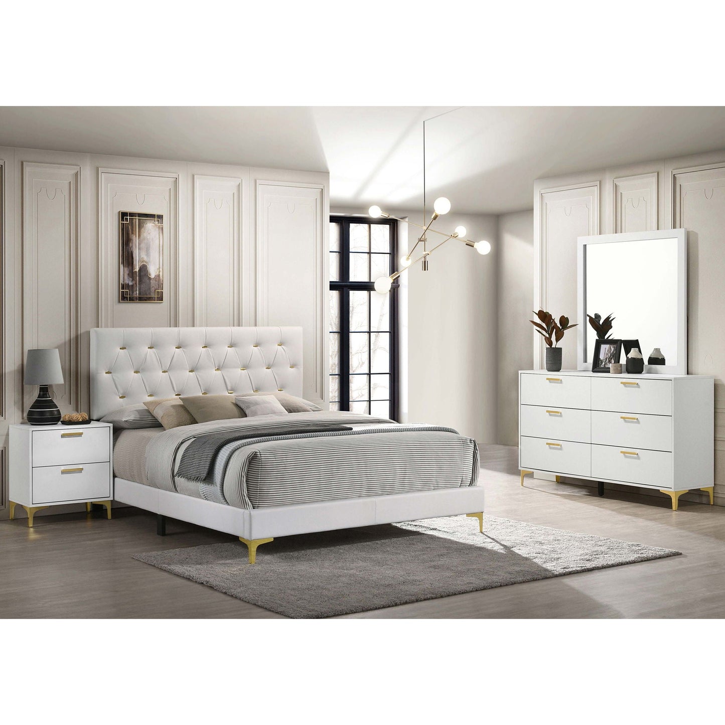 James 4-Piece Bedroom Set HouseOfZazla white tufted bed with gold legs, dresser & wardrobe on Tampa Home & Garden Store