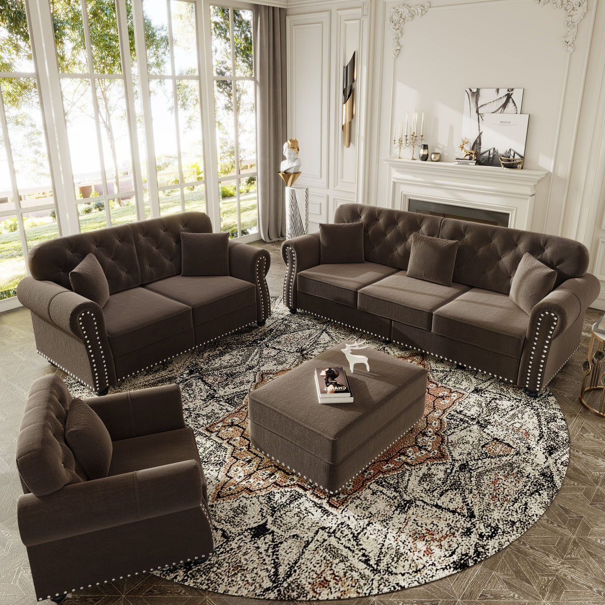 Upholstered Sofa Set with Nailhead and Pillows