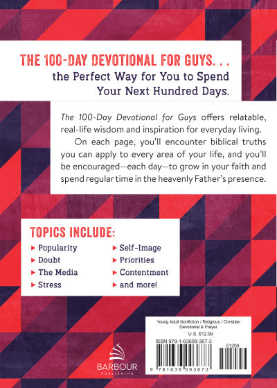 100-Day Devotional for Guys book with red and blue geometric cover Barbour branding on Tampa Home & Garden Store