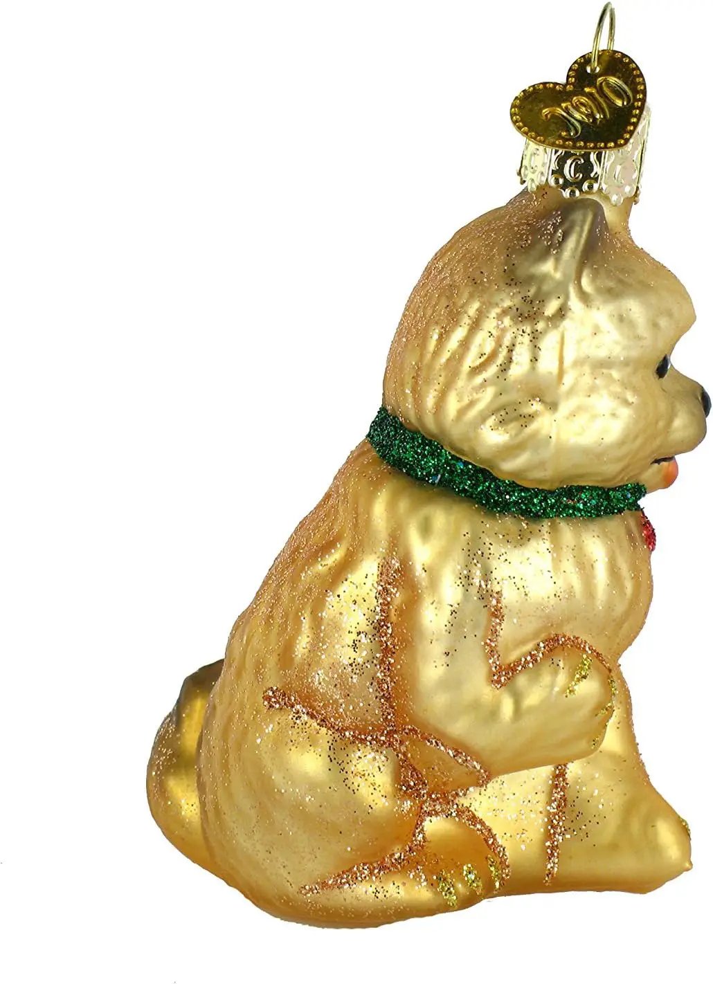 Cairn Terrier glass ornament with golden finish and green collar, heart topper on Tampa Home & Garden Store