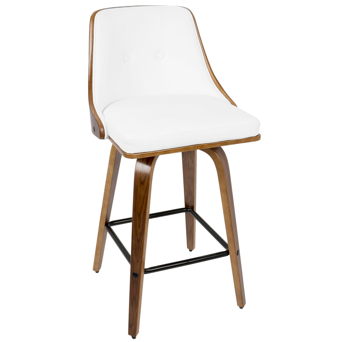 Mid Century Modern counter stool set with white upholstered seat and back, wood frame and swivel on Tampa Home & Garden Store