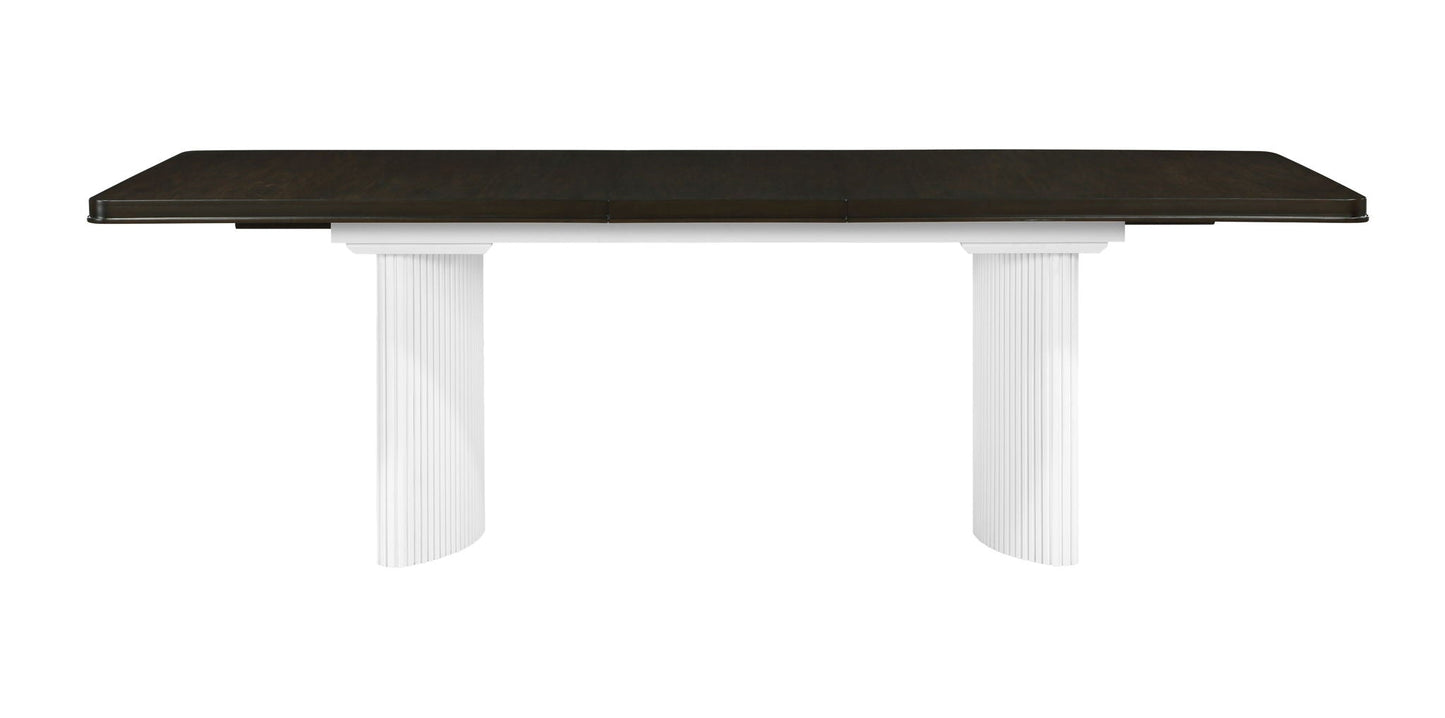 Carene dining table with leaf featuring brown wood top and white fluted pedestal legs on Tampa Home & Garden Store