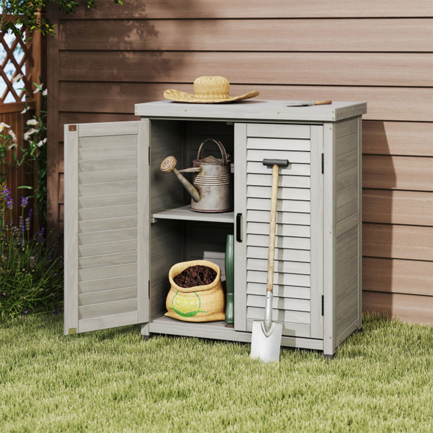 Potting bench with storage cabinet and metal top, gray outdoor storage table HouseOfZazla on Tampa Home & Garden Store