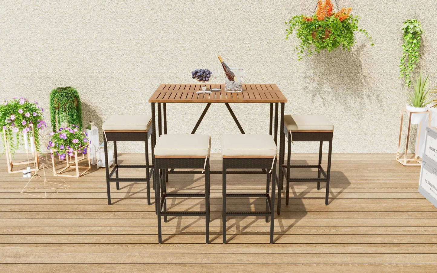 Outdoor acacia bar-height table with eight cushioned stools Unique Piece Furniture on Tampa Home & Garden Store