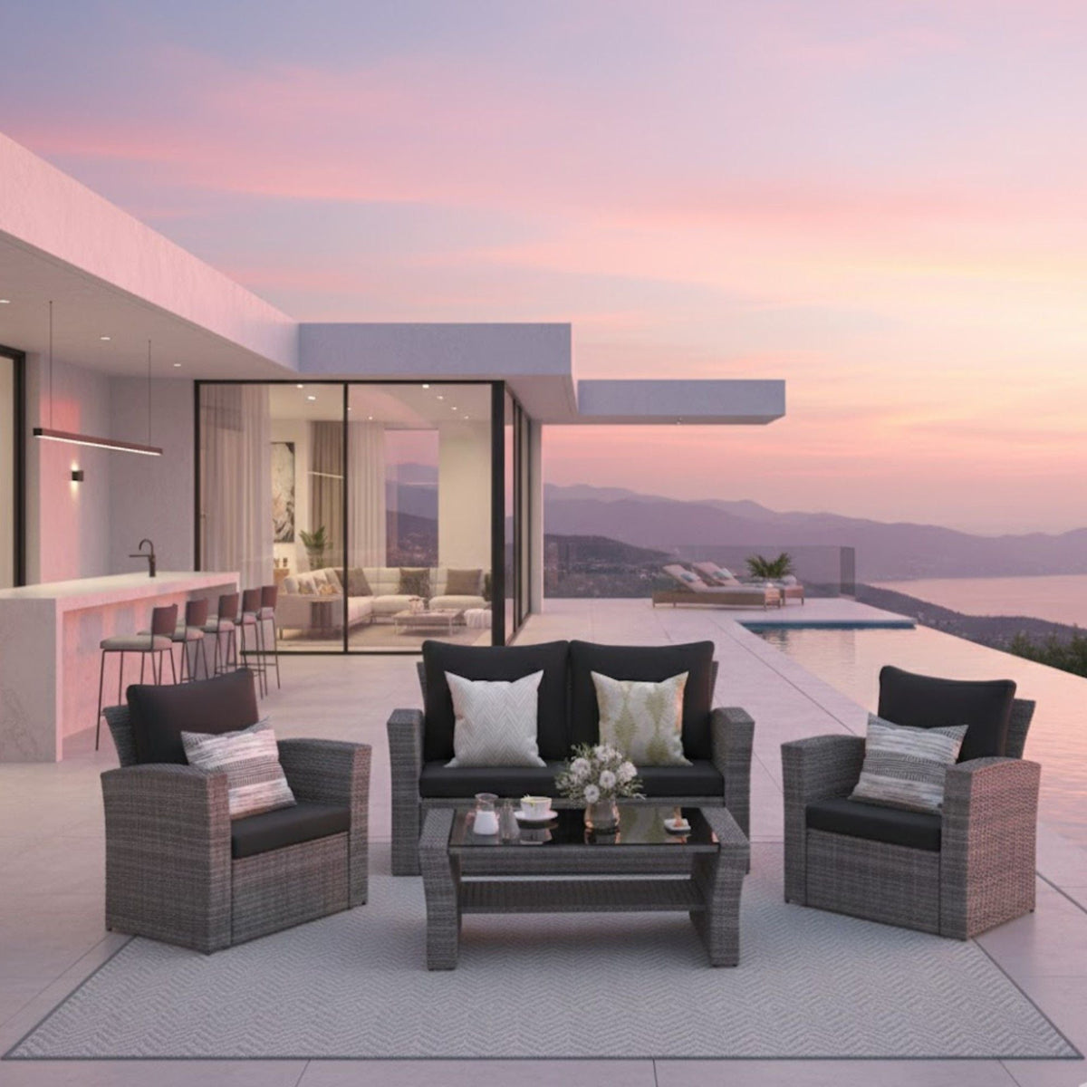 4-piece modern wicker patio set with gray cushions, includes sofa, 2 chairs and coffee table on Tampa Home & Garden Store