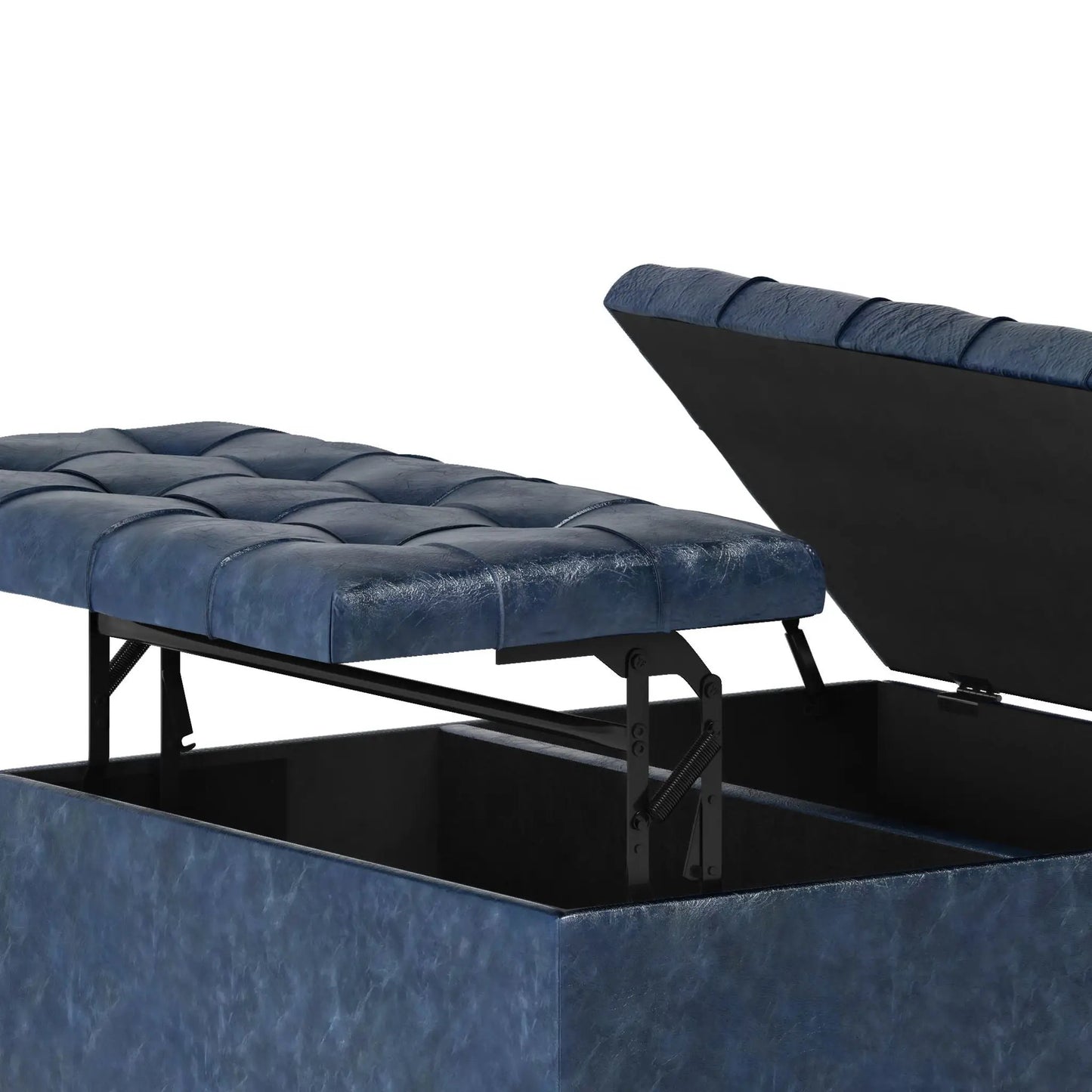 Harrison Coffee Table Storage Ottoman, blue tufted faux leather with lift-top storage on Tampa Home & Garden Store