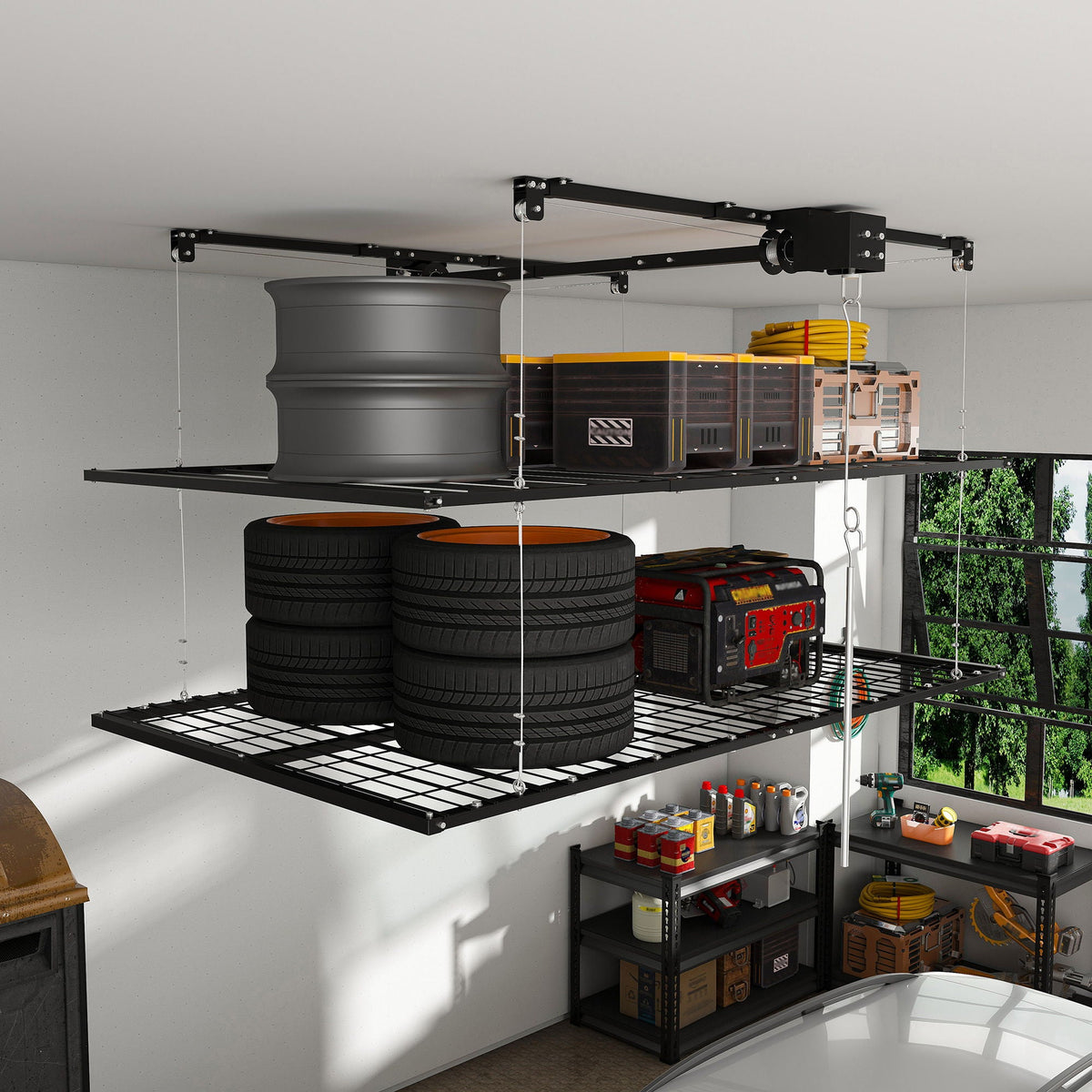 Overhead garage storage rack with crank system in black steel mounted for tires and bins on Tampa Home & Garden Store