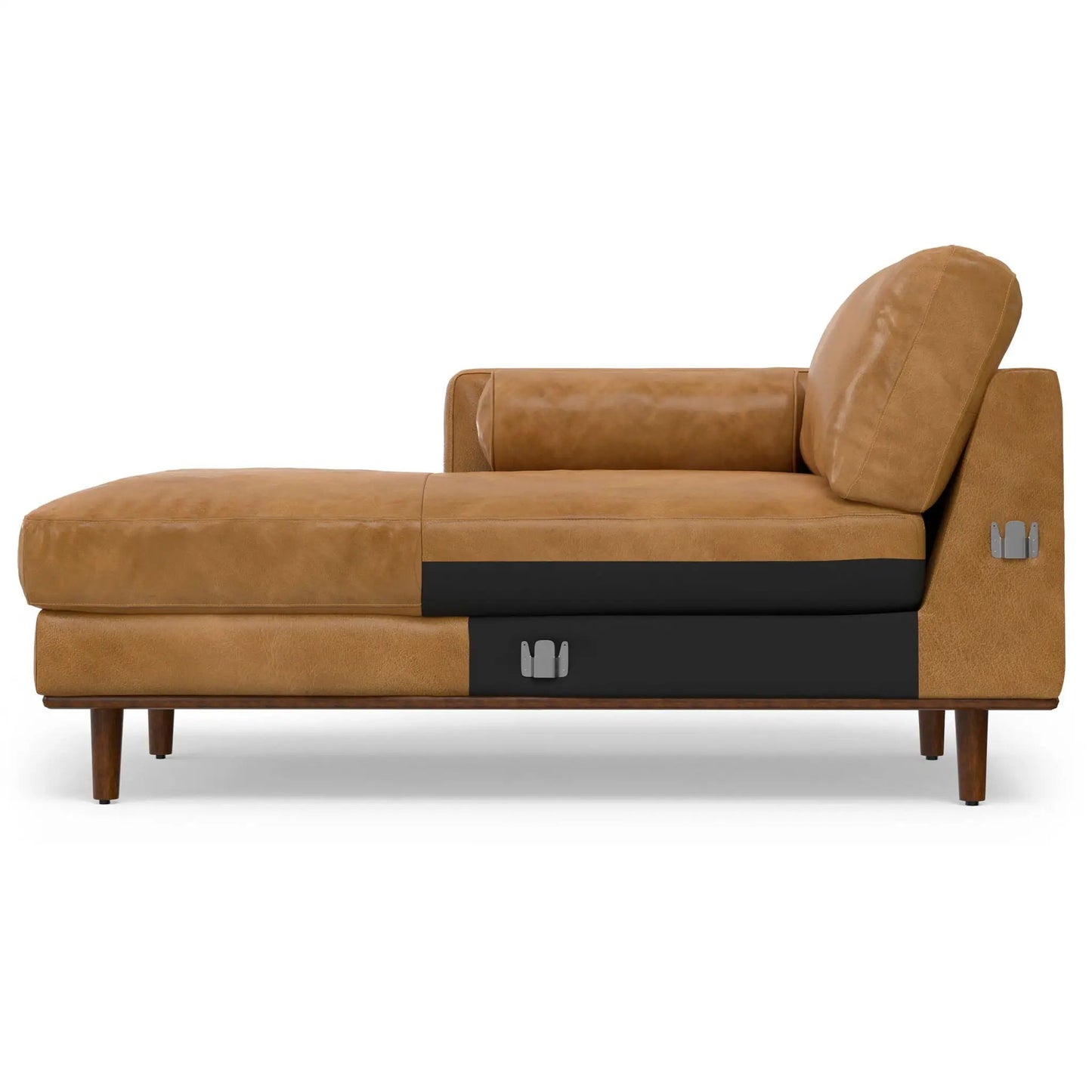 Morrison upholstered sectional sofa tan leather with black base on Tampa Home & Garden Store
