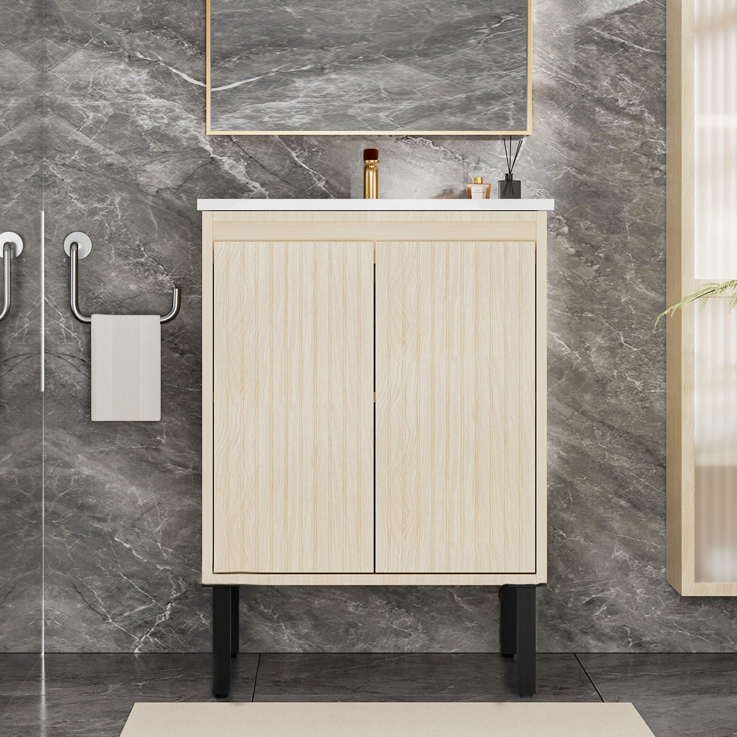 Bathroom vanity with ceramic sink, light wood cabinet, white countertop, floor-standing with black legs on Tampa Home & Garden Store