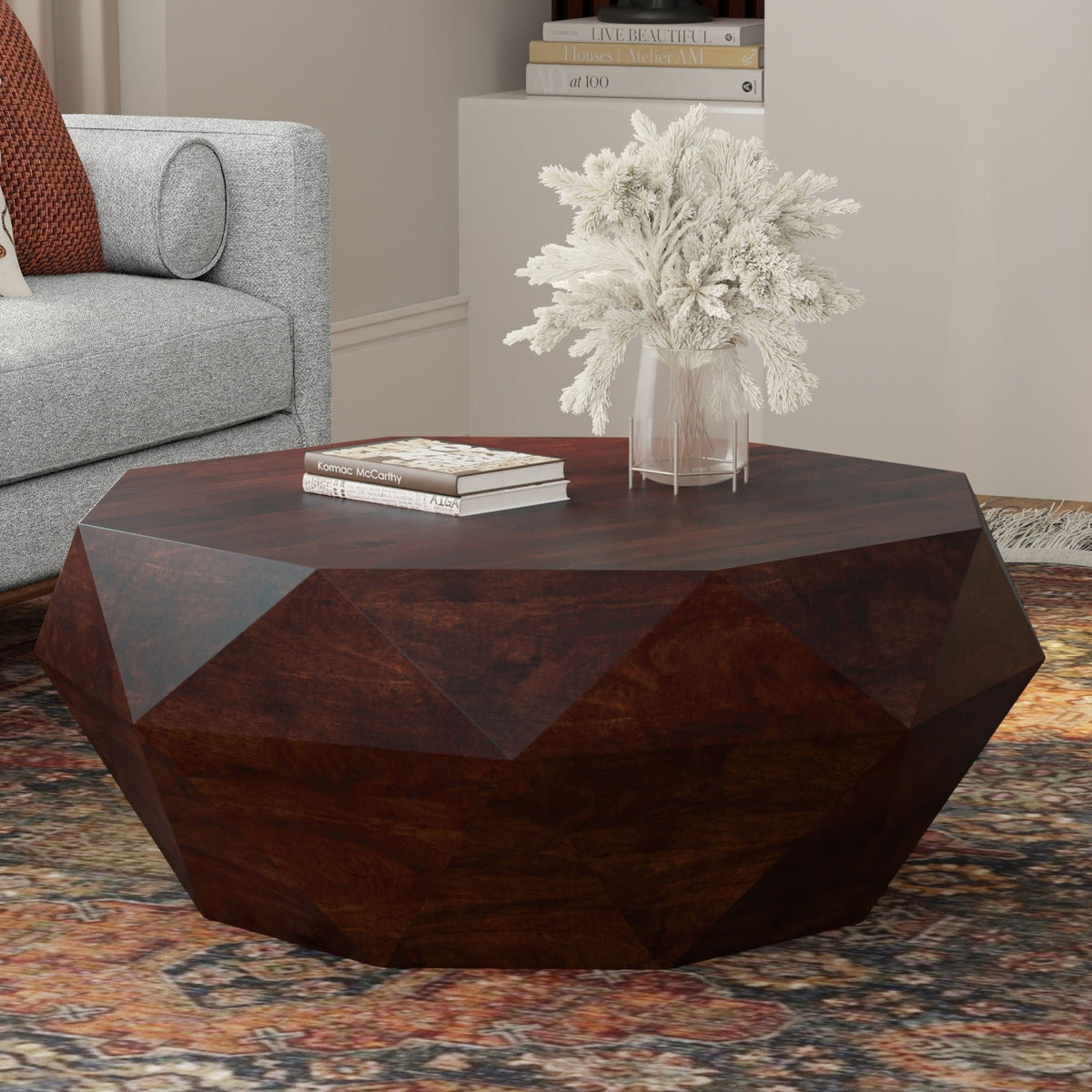 Zayn Coffee Table with Geometric Design in dark wood; white dried-flower vase beside it on Tampa Home & Garden Store