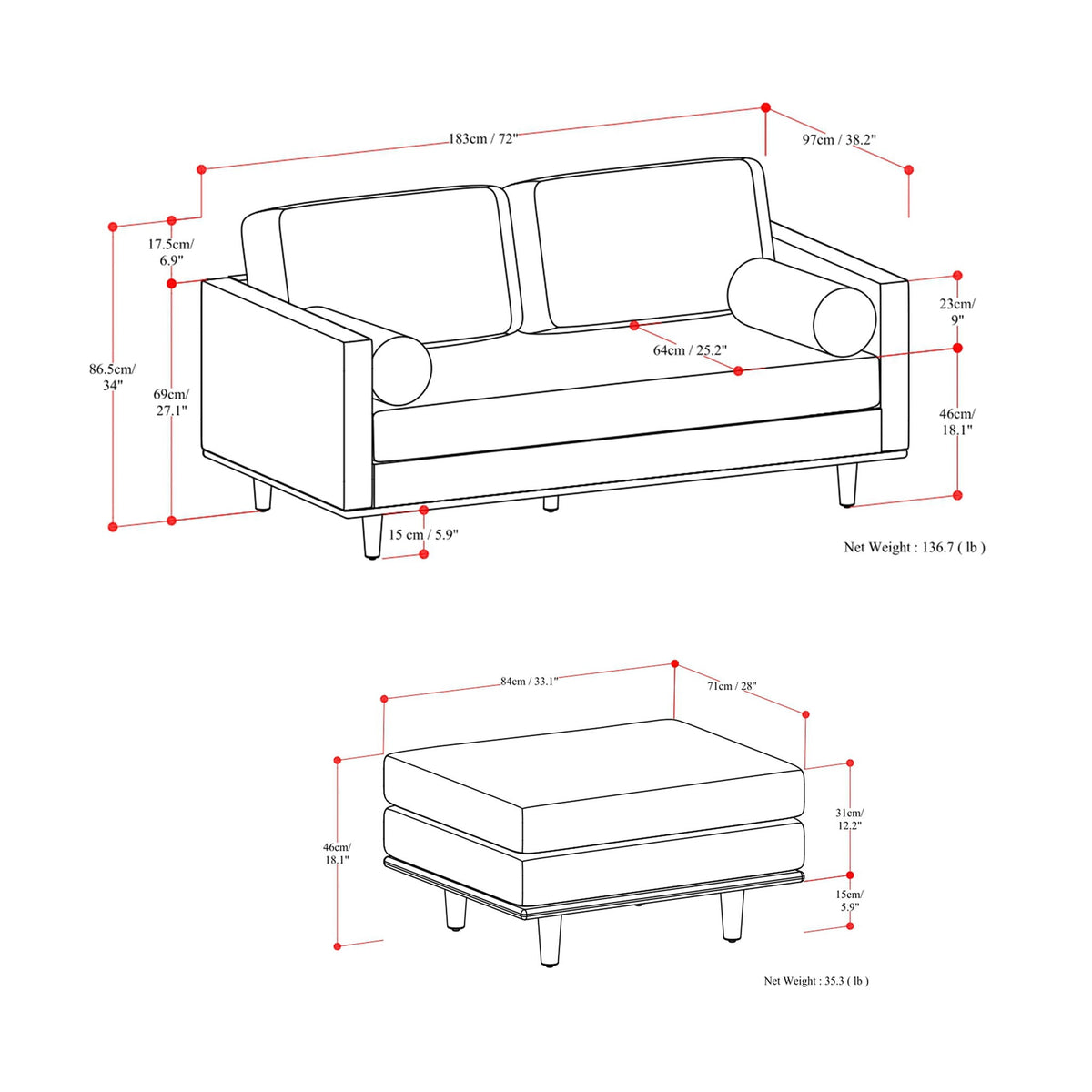 Morrison Brazilian Leather Sofa and Ottoman Set