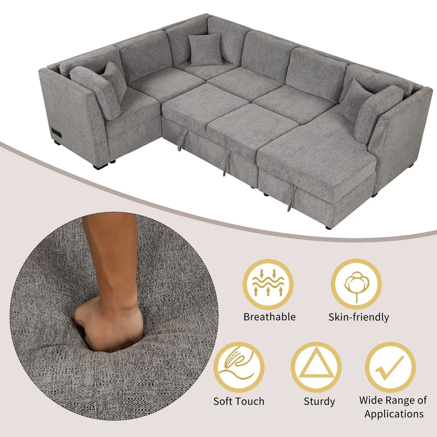 U-shaped sleeper sectional sofa bed in grey fabric with storage chaise and USB ports on Tampa Home & Garden Store