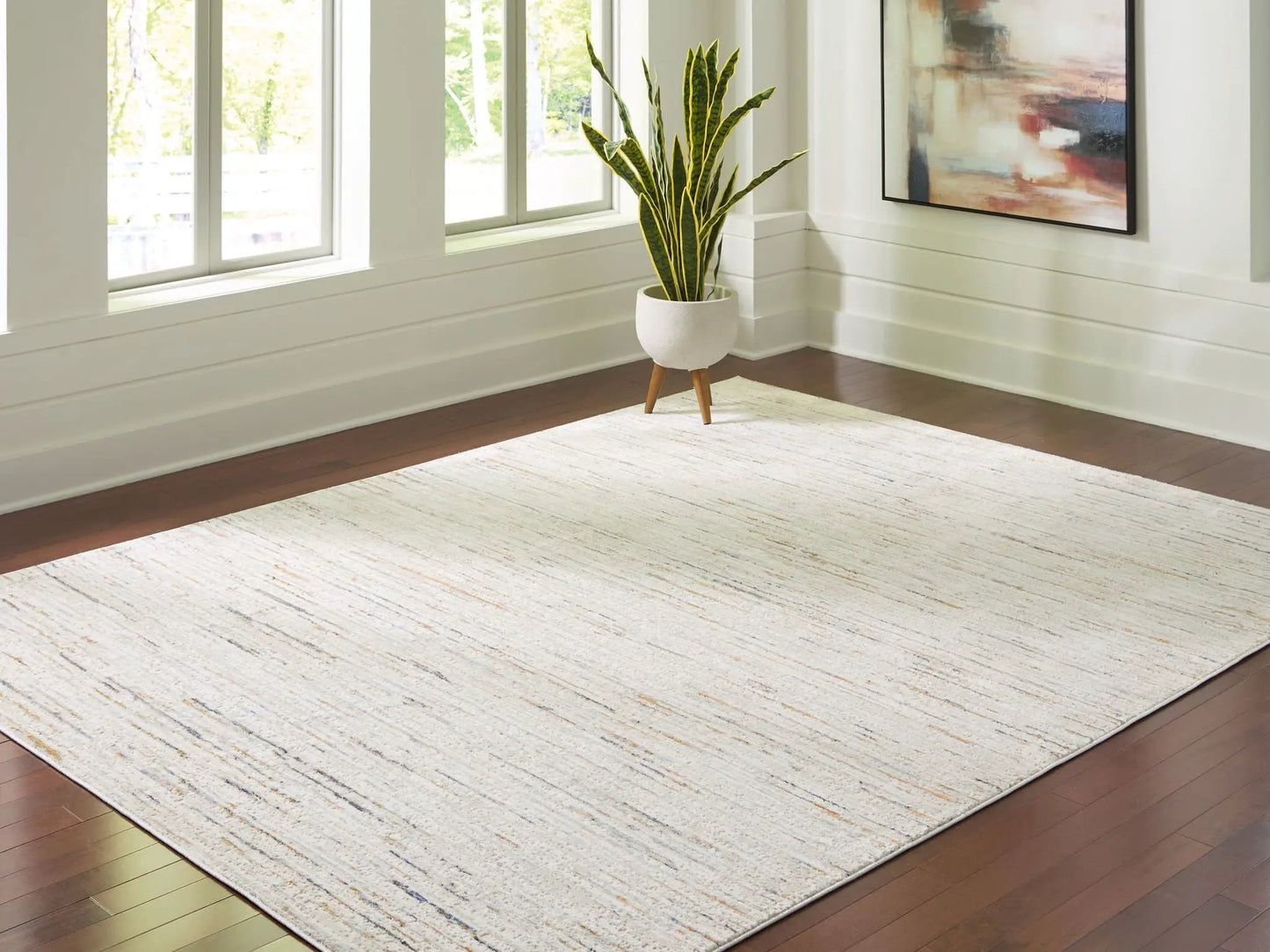 Harjot Area Rug with Subtle Stripe in Cream Gray