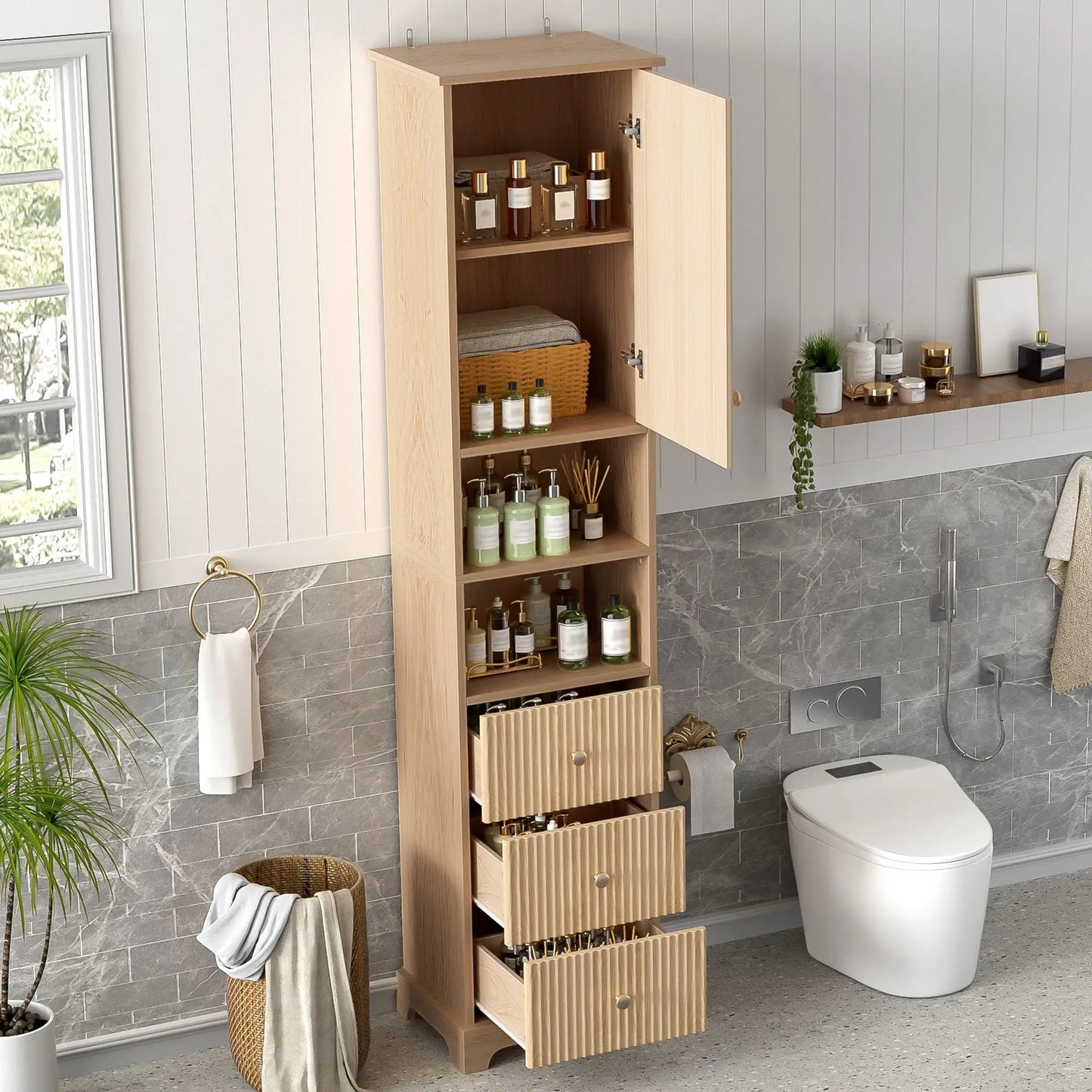 Tall Bathroom Cabinet With Door and Drawers Wood