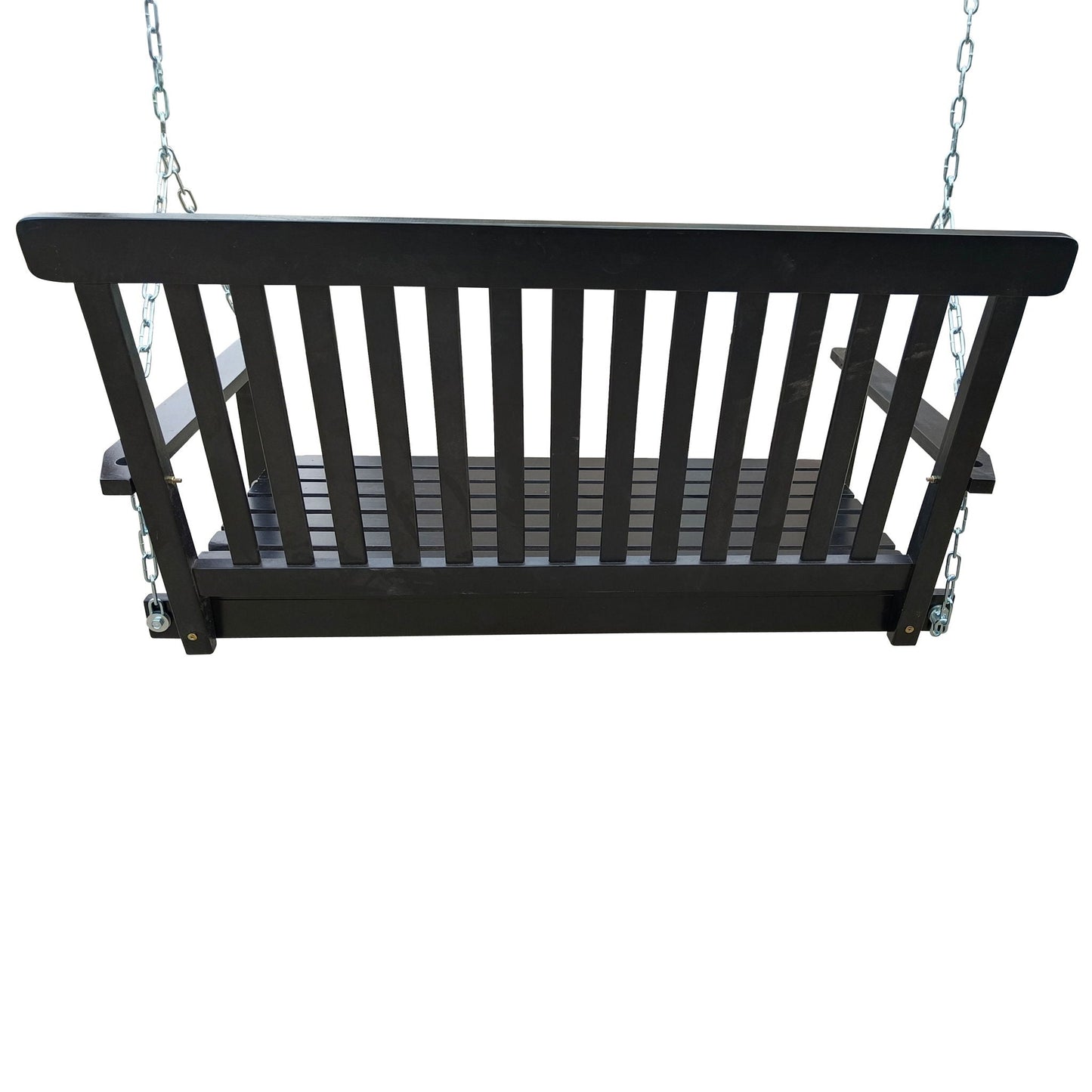 Front porch swing with armrests in black wood, slatted seat suspended by metal chains on Tampa Home & Garden Store