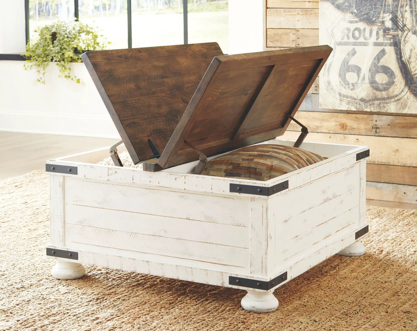 Wystfield lift-top cocktail table with storage, white base and brown wood lid on Tampa Home & Garden Store