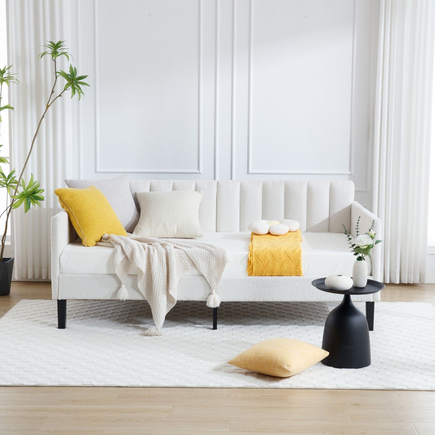 Elena Boucle Daybed with ribbed tufted backrest in cream by HouseOfZazla in a bright living room on Tampa Home & Garden Store