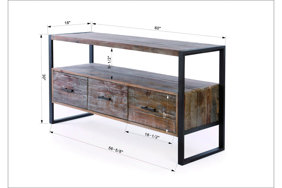 Reclaimed wood TV console with 3 drawers open shelf antique gray metal frame on Tampa Home & Garden Store