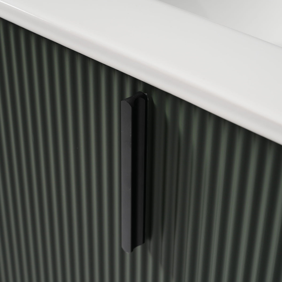 Bathroom vanity with ceramic sink and fluted design, white countertop, dark metal support on Tampa Home & Garden Store